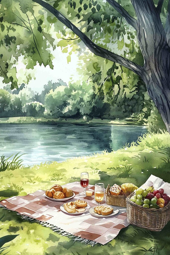 Watercolor painting of food on a picnic blanket by a lake Watercolor painting of food on a picnic blanket by a lake