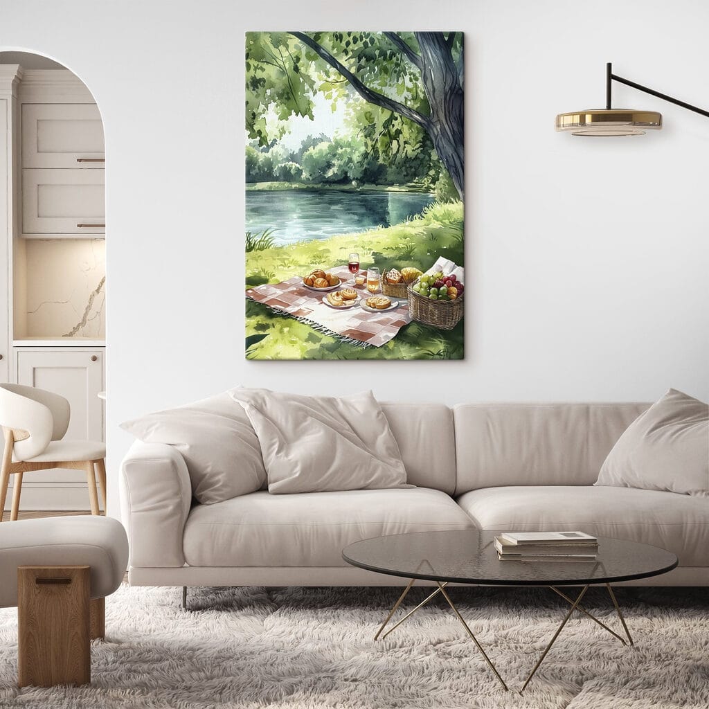 Watercolor painting of food on a picnic blanket by a lake Watercolor painting of food on a picnic blanket by a lake