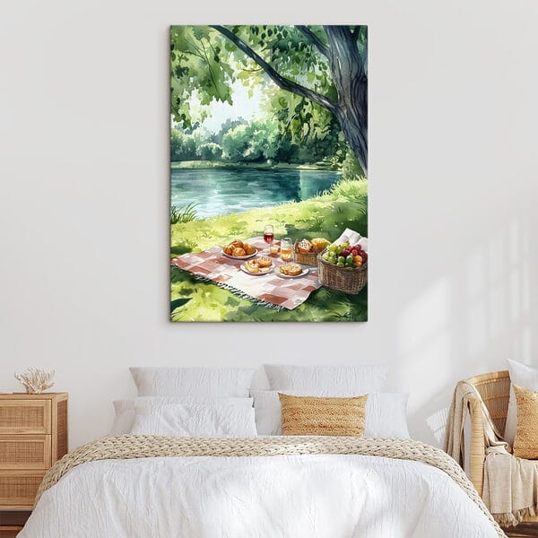 Watercolor painting of food on a picnic blanket by a lake Watercolor painting of food on a picnic blanket by a lake