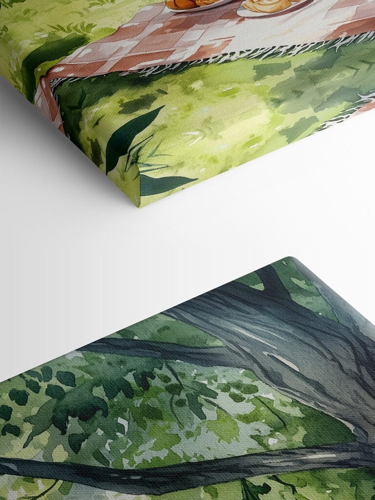 Watercolor painting of food on a picnic blanket by a lake Watercolor painting of food on a picnic blanket by a lake