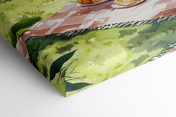 Watercolor painting of food on a picnic blanket by a lake Watercolor painting of food on a picnic blanket by a lake