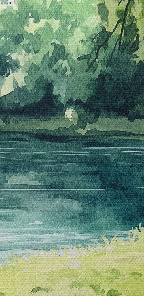 Watercolor painting of food on a picnic blanket by a lake Watercolor painting of food on a picnic blanket by a lake