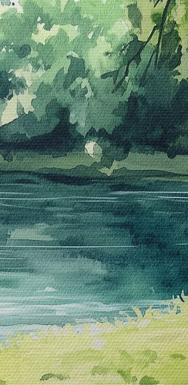 Watercolor painting of food on a picnic blanket by a lake Watercolor painting of food on a picnic blanket by a lake