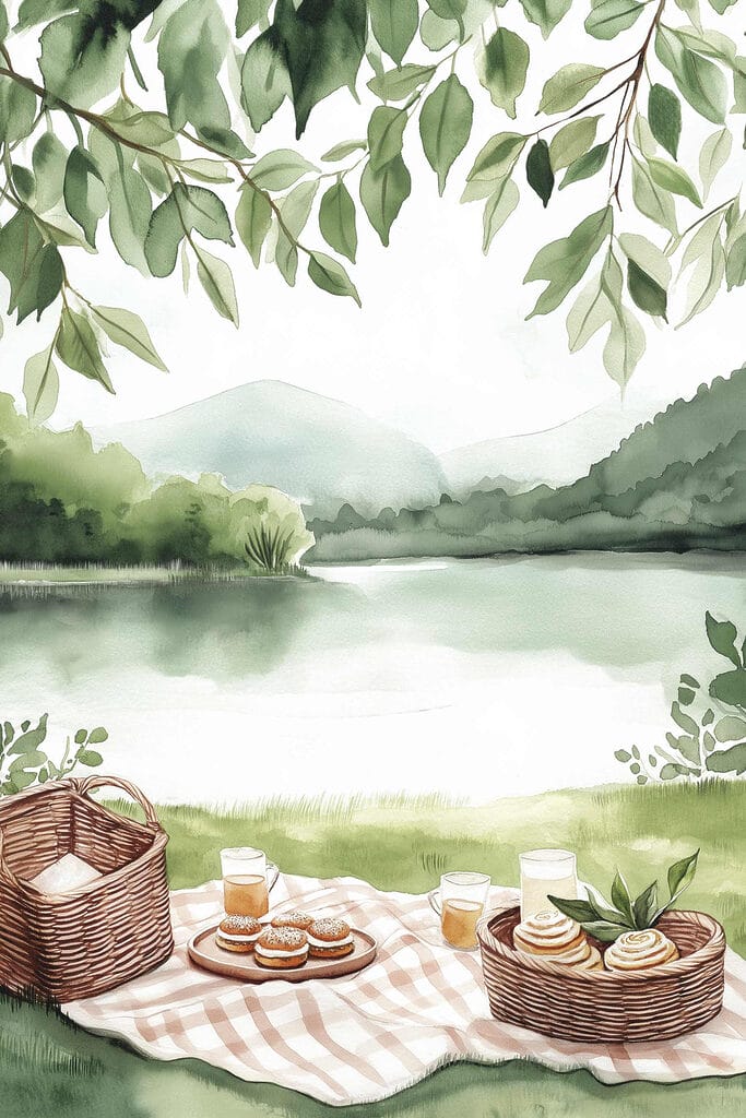 Watercolor painting of a picnic blanket with a basket and food on it Watercolor painting of a picnic blanket with a basket and food on it