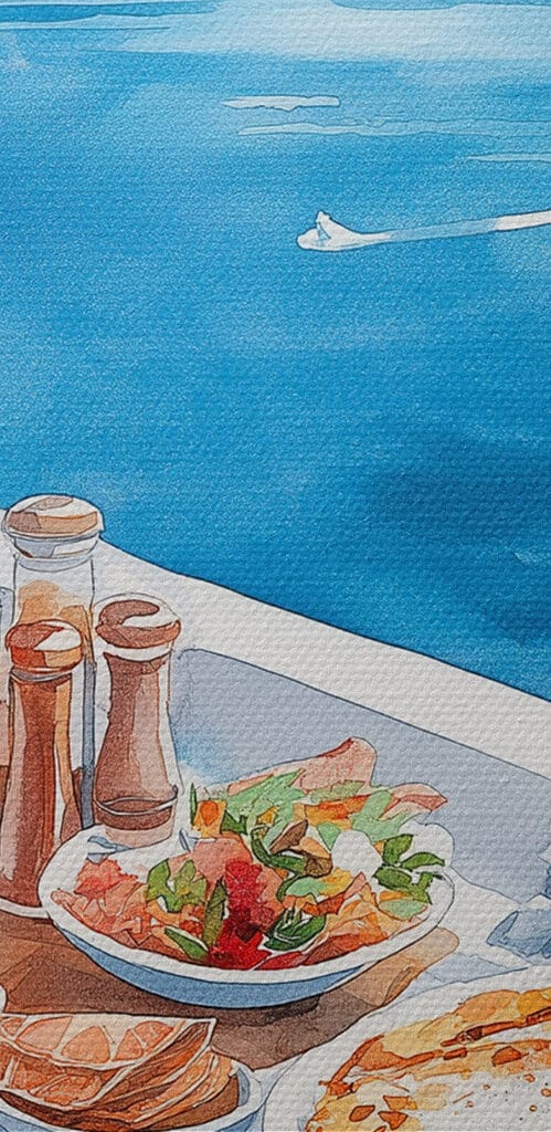 Watercolor painting of food on a table overlooking a body of water