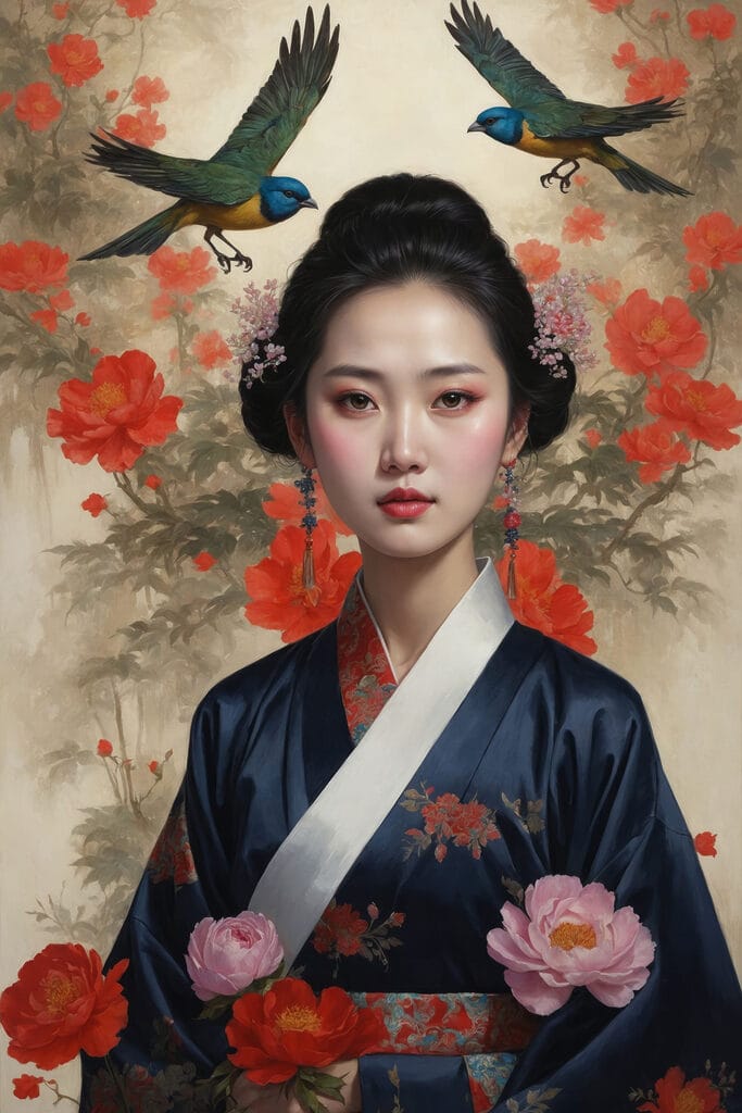 Woman in a kimono with flowers and birds Woman in a kimono with flowers and birds