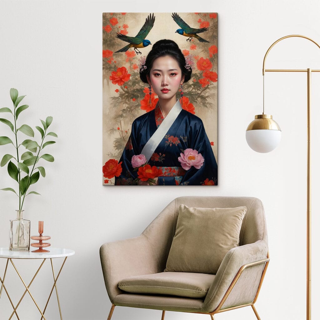 Woman in a kimono with flowers and birds Woman in a kimono with flowers and birds
