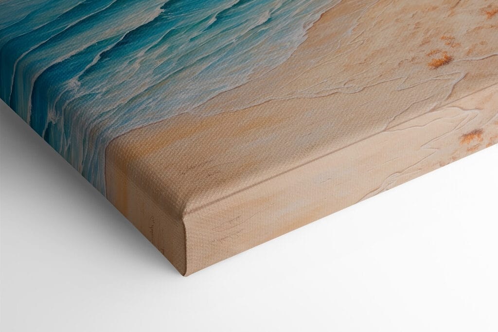 Painting of a beach with sand and water