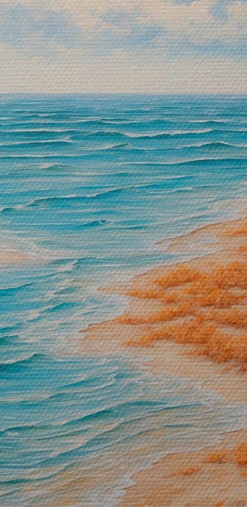 Painting of a beach with sand and water