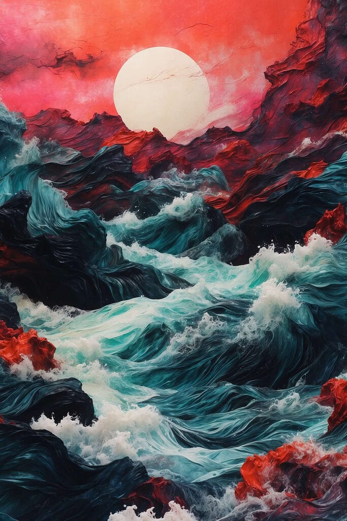 Painting of waves and mountains