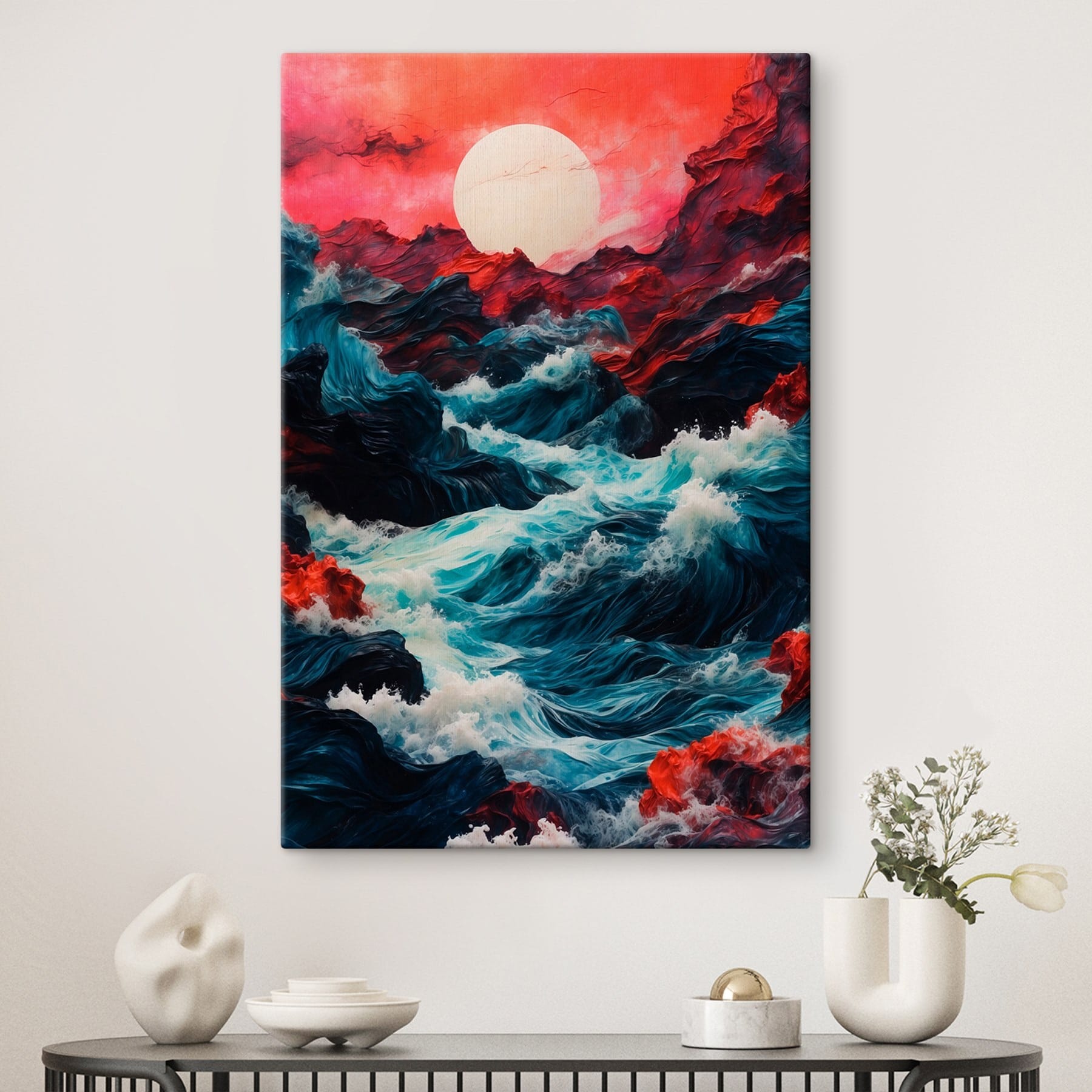 Painting of waves and mountains