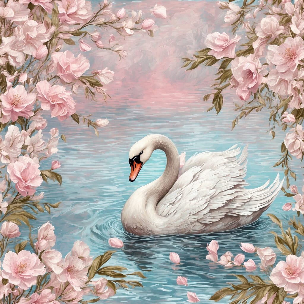 Swan swimming in water with pink flowers