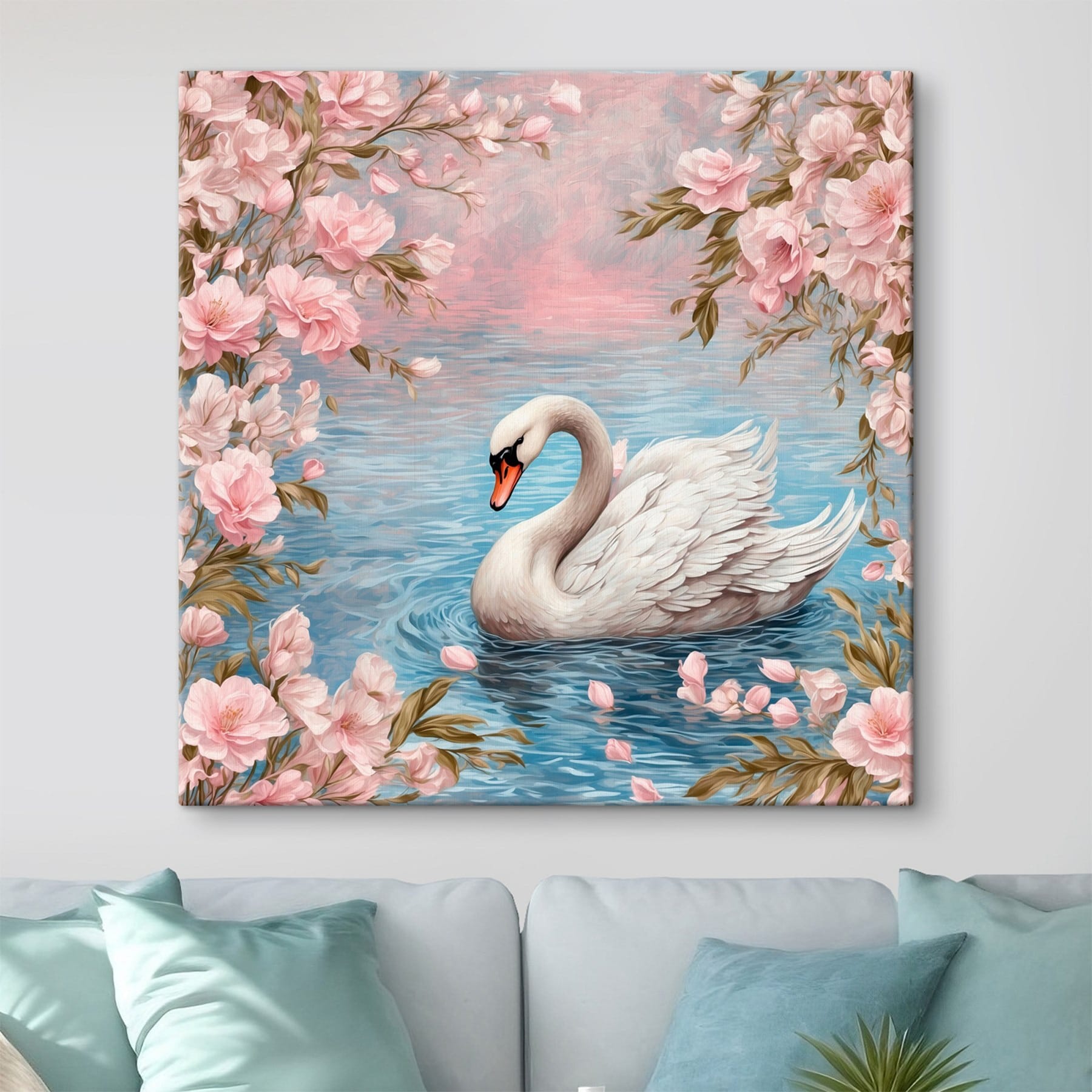 Swan swimming in water with pink flowers