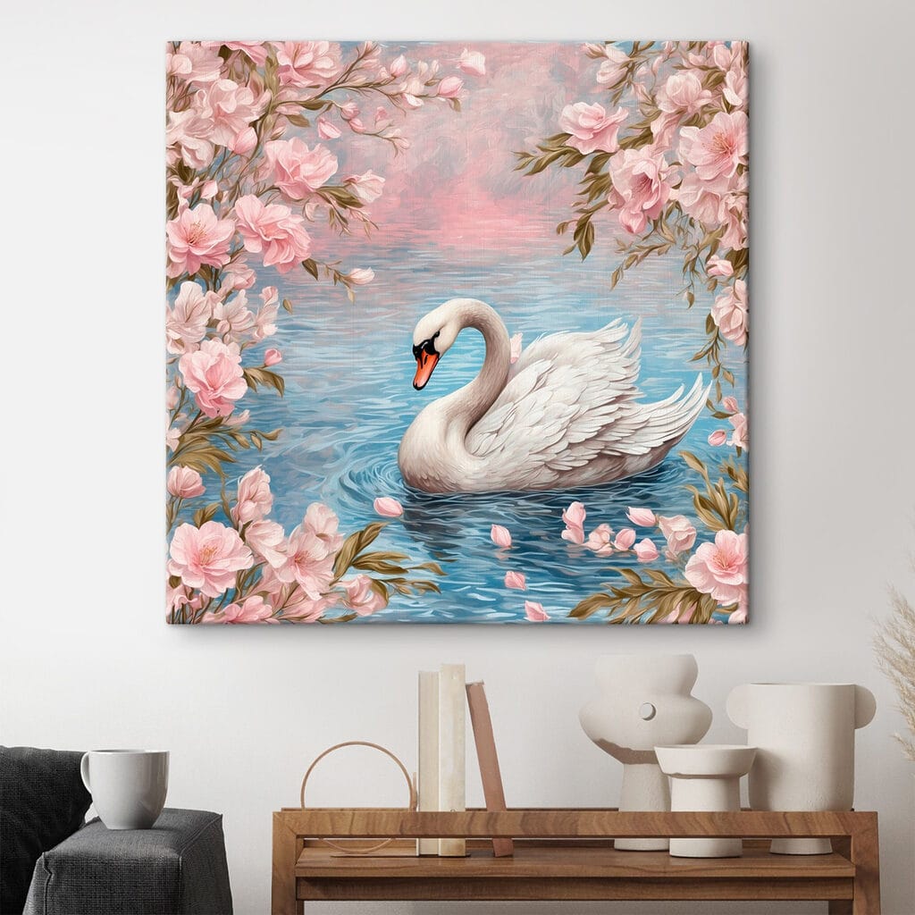 Swan swimming in water with pink flowers