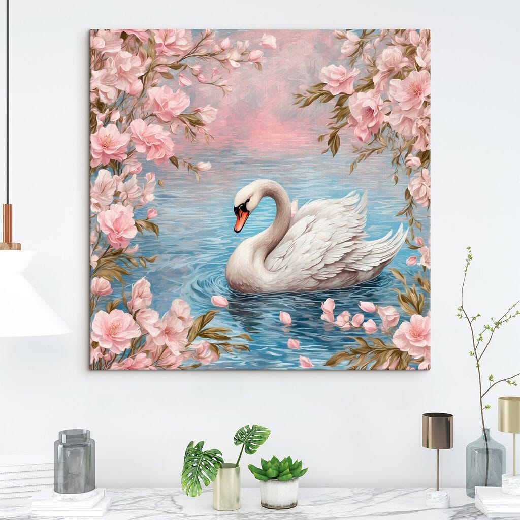 Swan swimming in water with pink flowers
