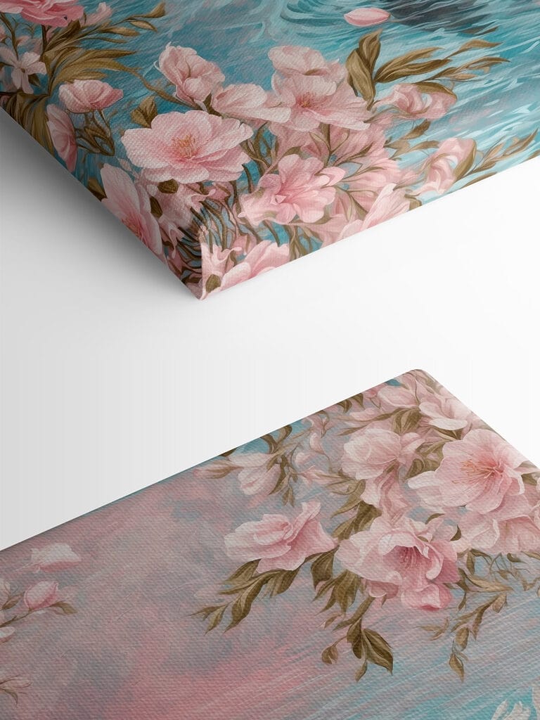 Swan swimming in water with pink flowers