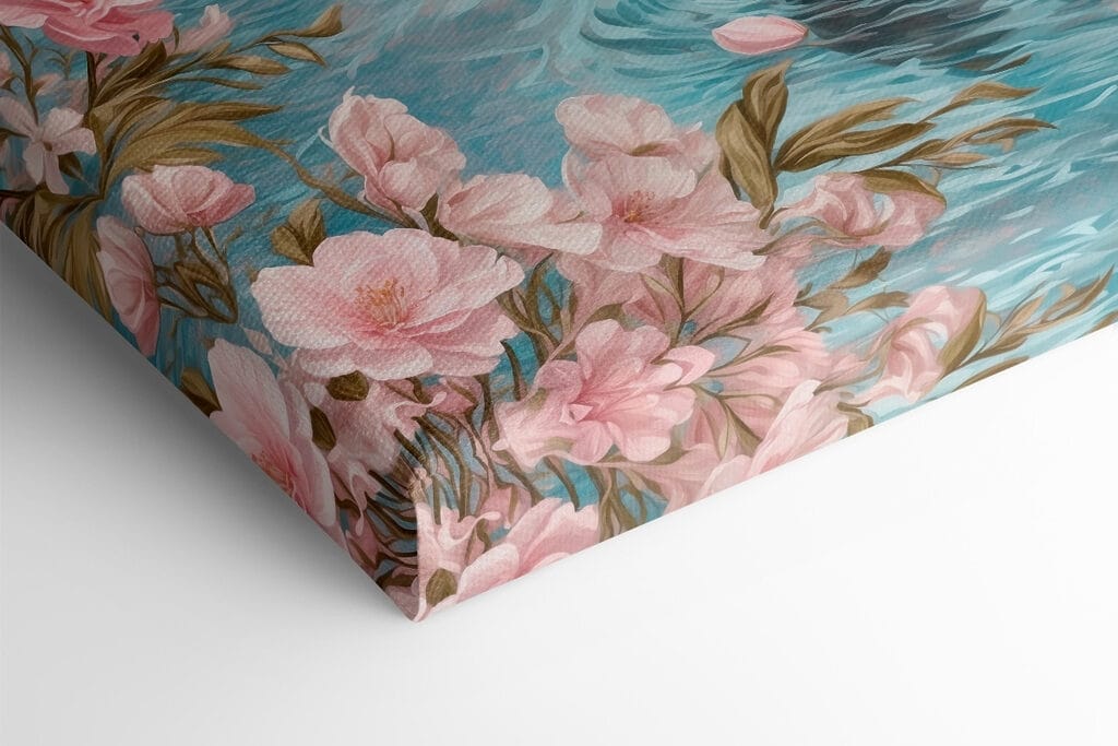 Swan swimming in water with pink flowers