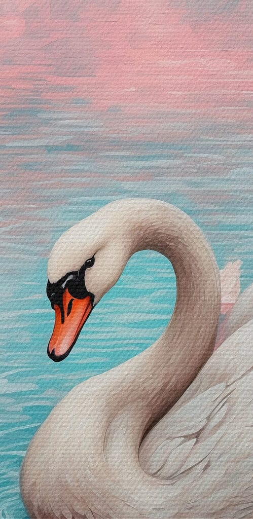 Swan swimming in water with pink flowers