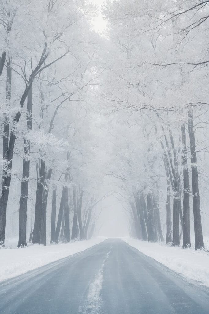 Road with snow covered trees