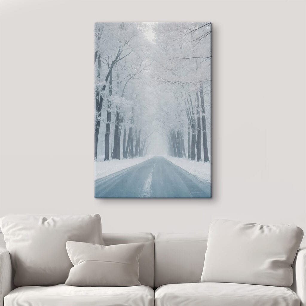 Road with snow covered trees
