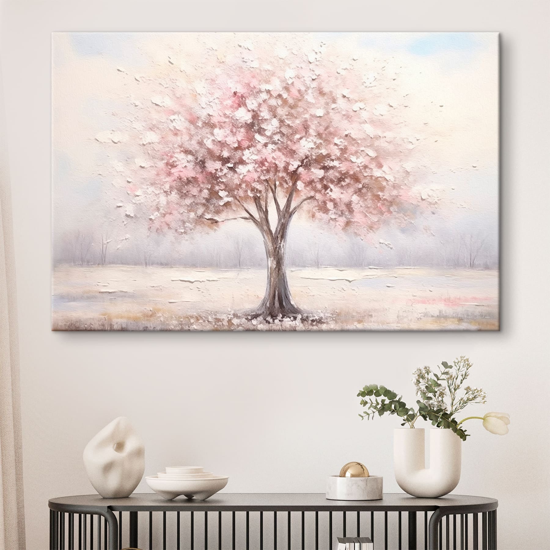 Painting of a tree with pink flowers