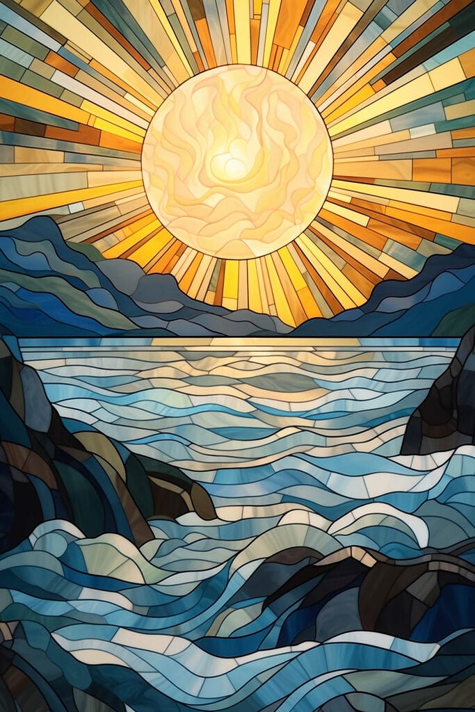 Stained glass window with a sun over a river
