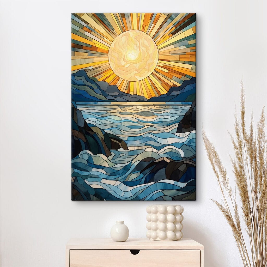Stained glass window with a sun over a river