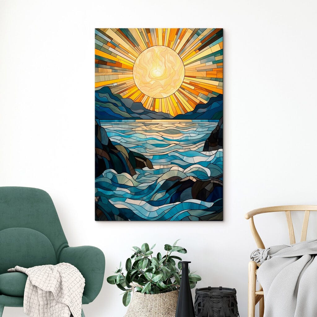 Stained glass window with a sun over a river