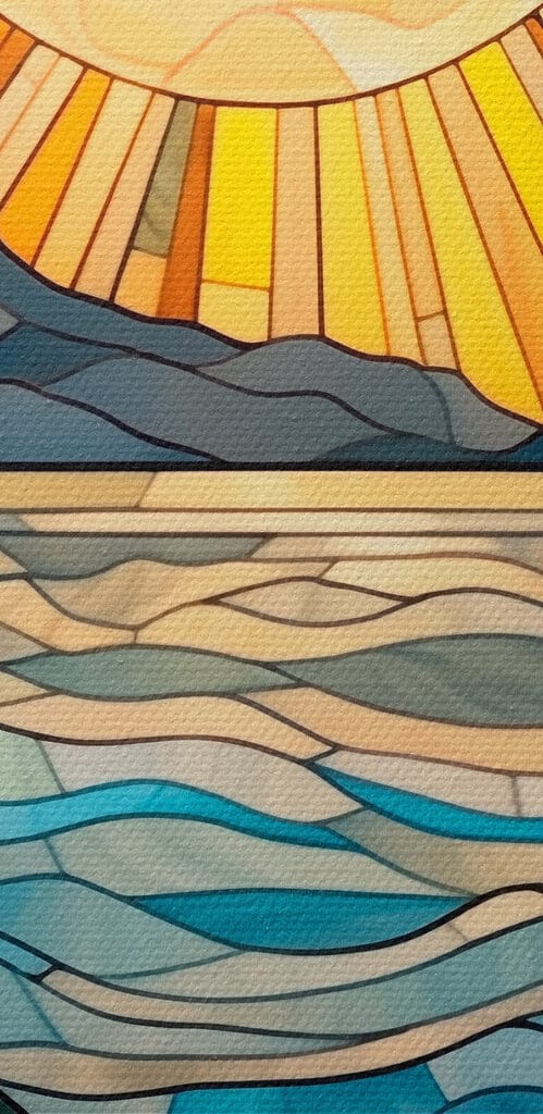 Stained glass window with a sun over a river