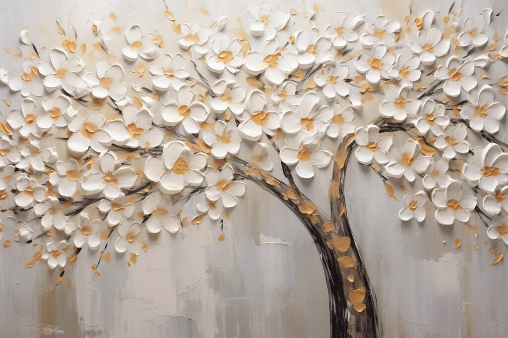 Painting of a tree with white flowers Painting of a tree with white flowers