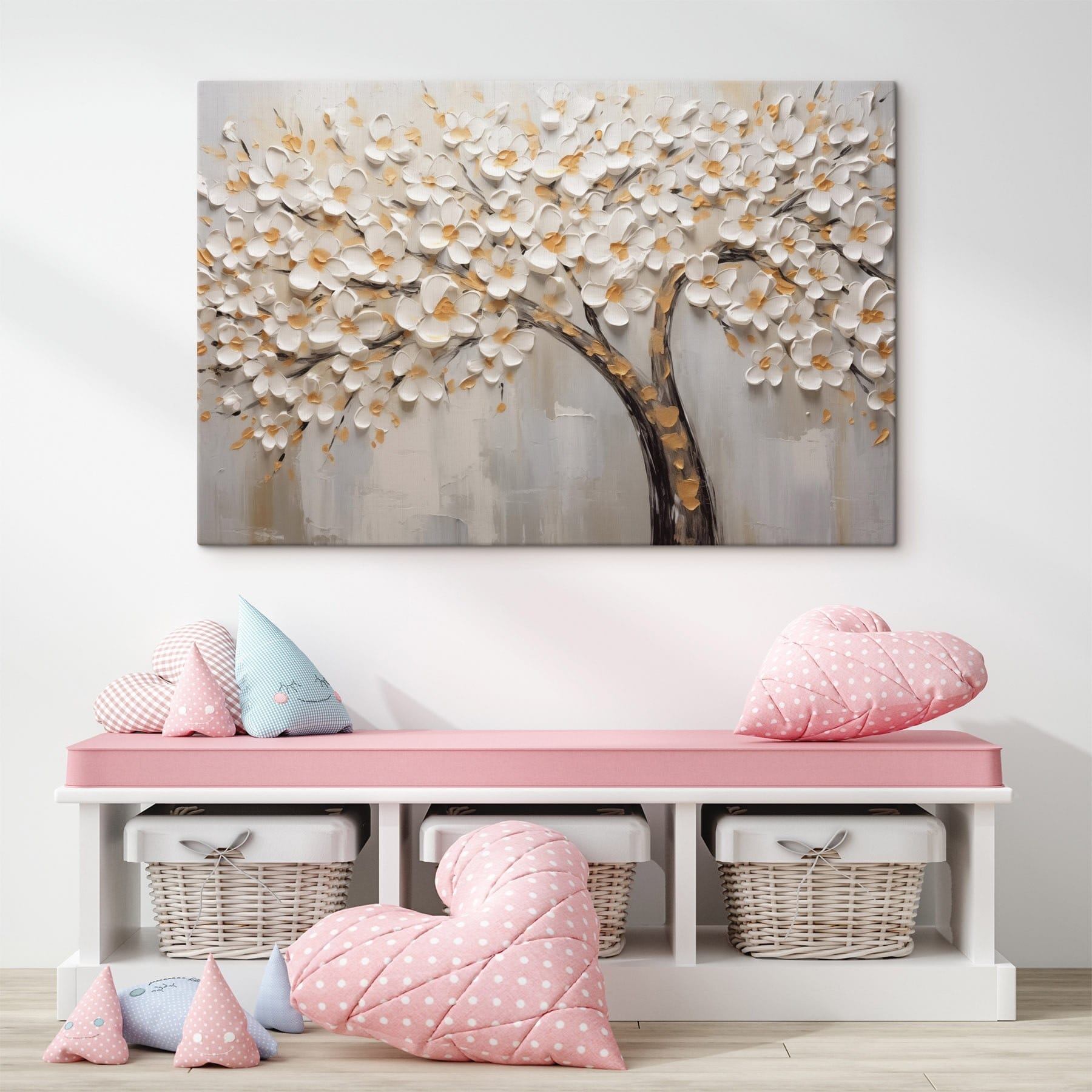 Painting of a tree with white flowers