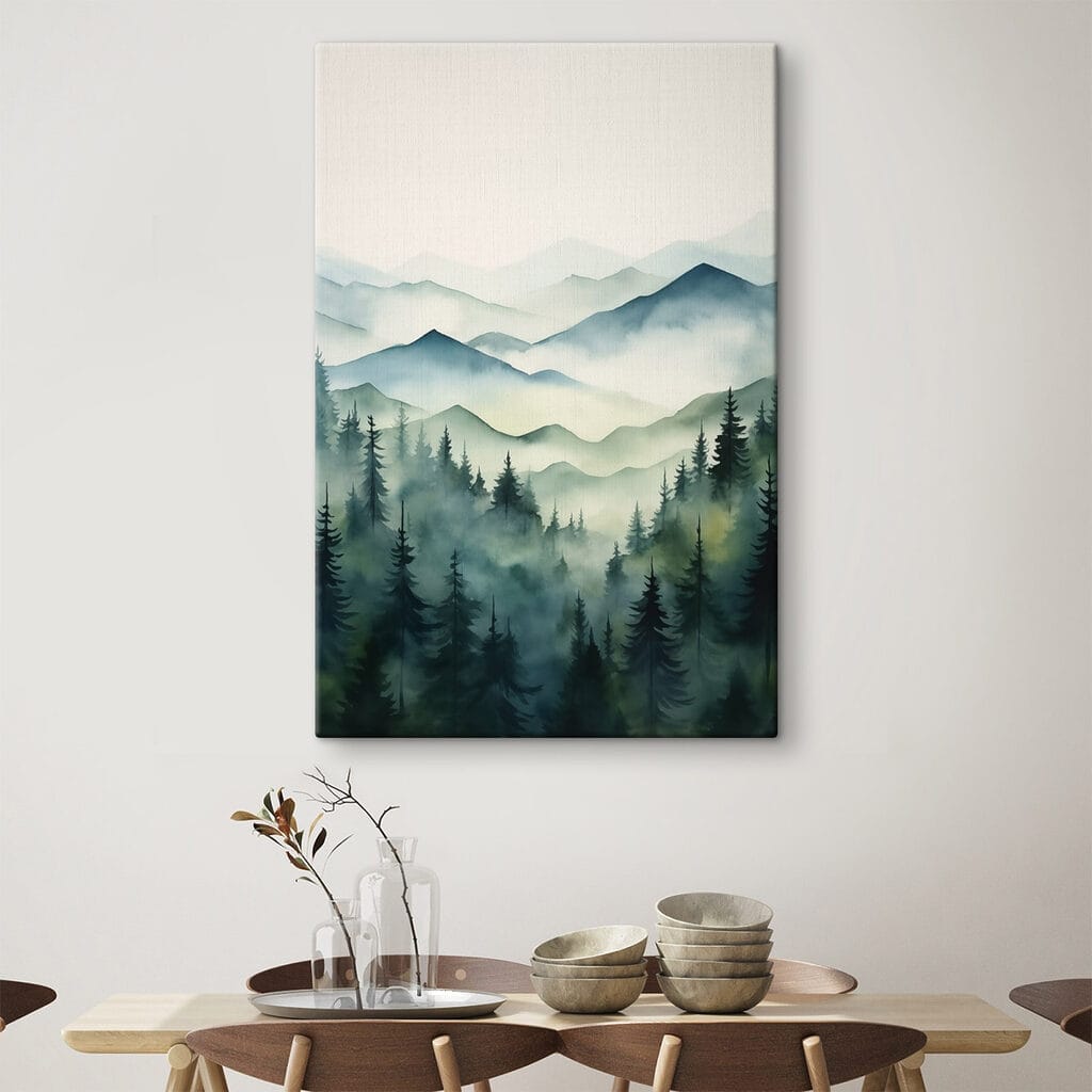 Painting of a mountain range with trees and fog Painting of a mountain range with trees and fog