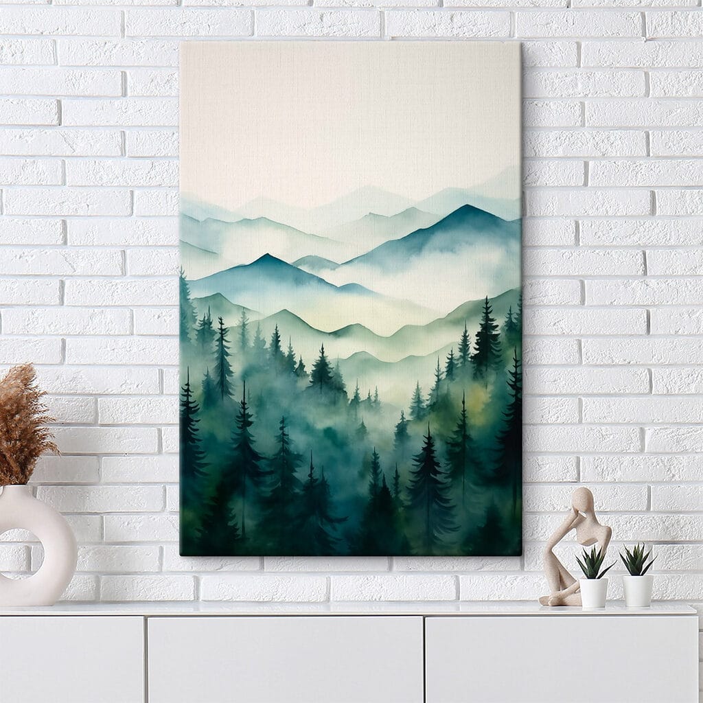 Painting of a mountain range with trees and fog Painting of a mountain range with trees and fog