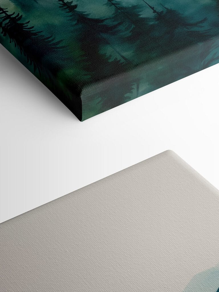 Painting of a mountain range with trees and fog Painting of a mountain range with trees and fog