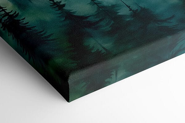 Painting of a mountain range with trees and fog Painting of a mountain range with trees and fog