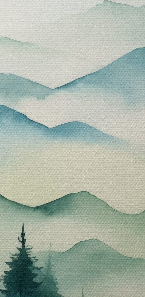 Painting of a mountain range with trees and fog Painting of a mountain range with trees and fog
