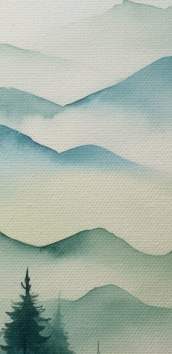 Painting of a mountain range with trees and fog Painting of a mountain range with trees and fog