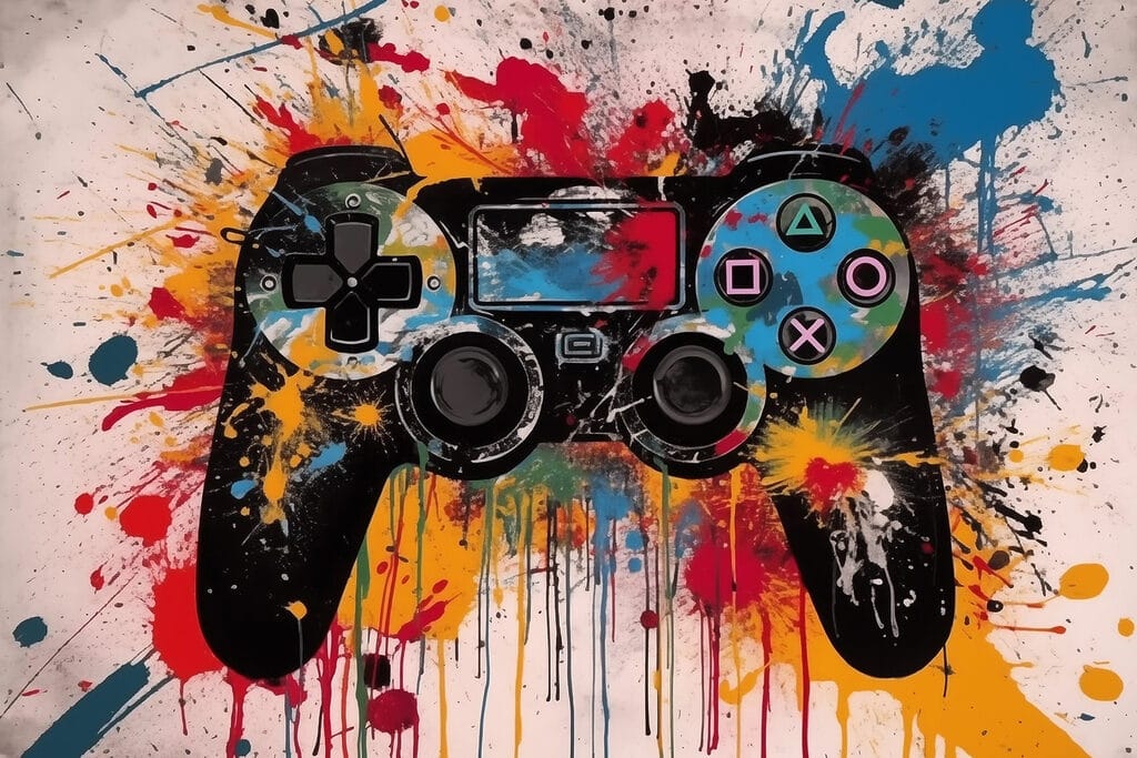 Video game controller with paint splatters Video game controller with paint splatters