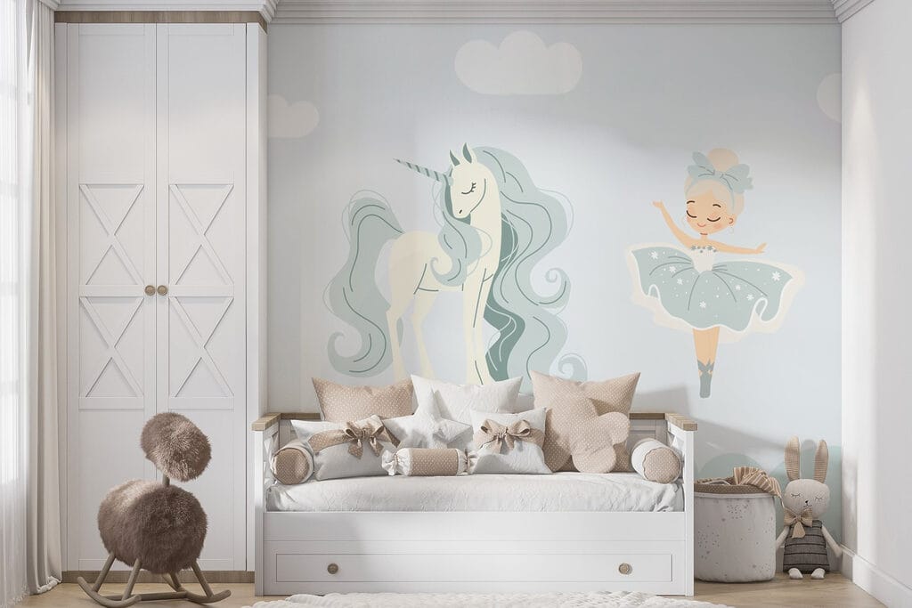 Cartoon of a girl and a unicorn