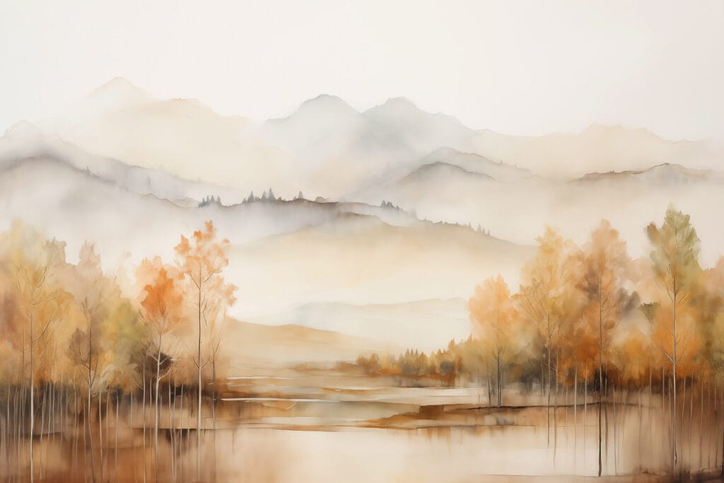 Watercolor painting of trees and mountains Watercolor painting of trees and mountains