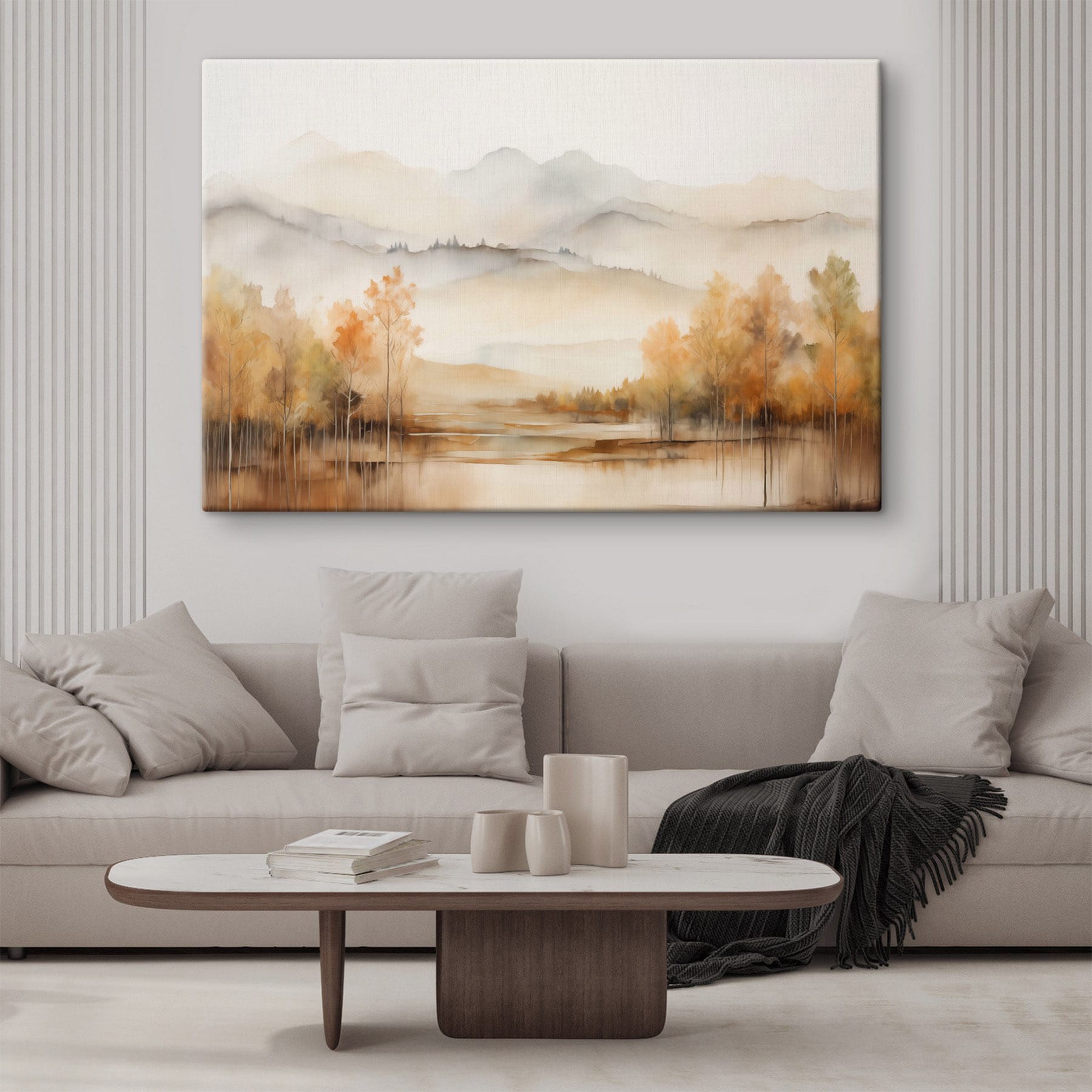 Watercolor painting of trees and mountains