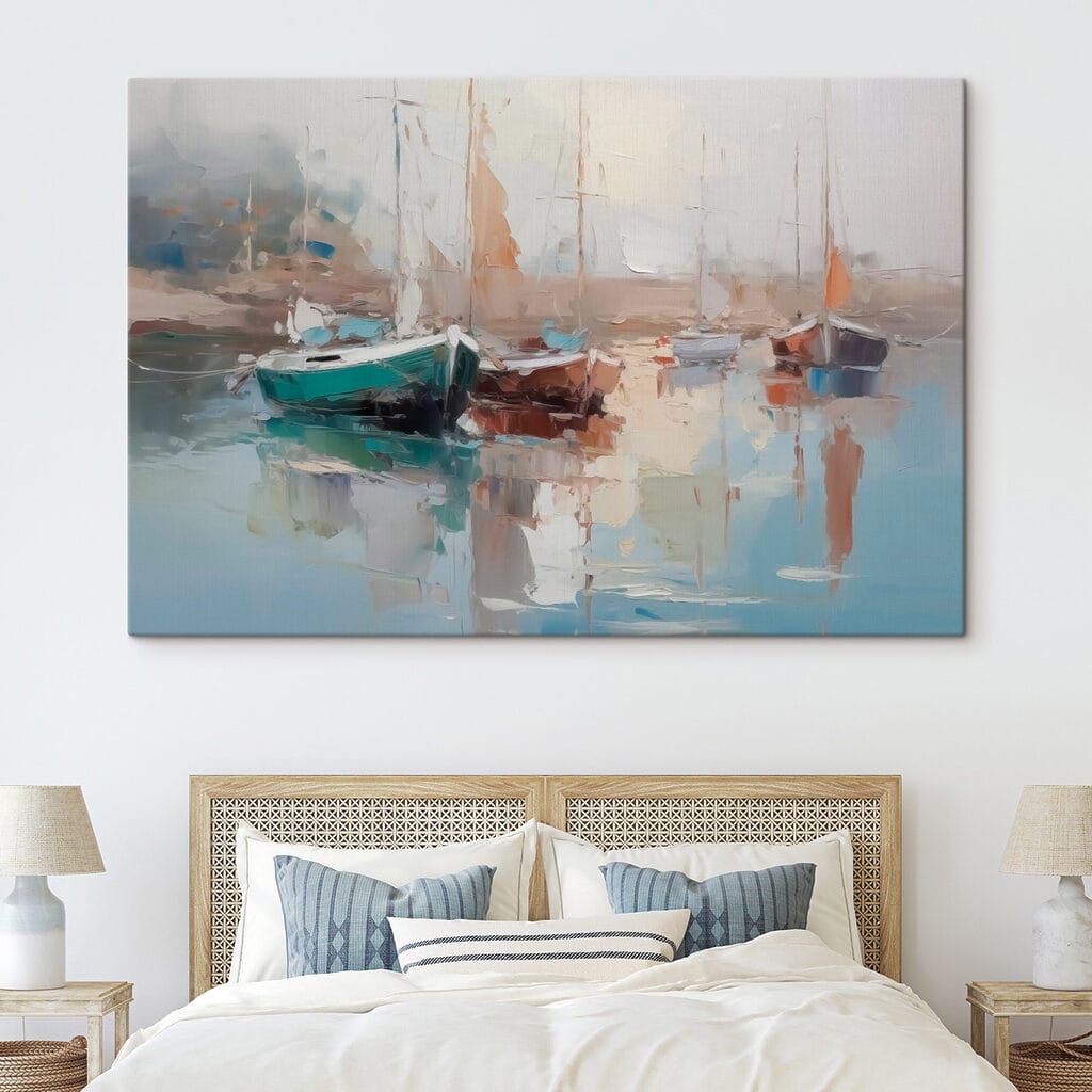 Painting of boats in a harbor Painting of boats in a harbor