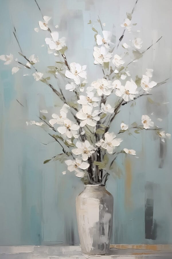 Painting of a vase with white flowers Painting of a vase with white flowers