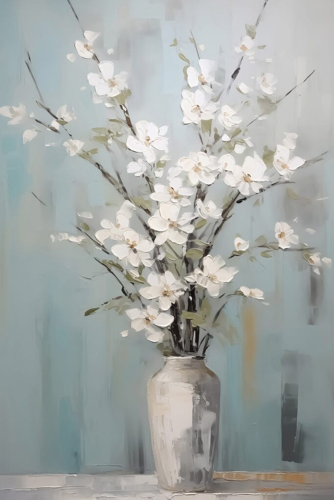 Painting of a vase with white flowers Painting of a vase with white flowers
