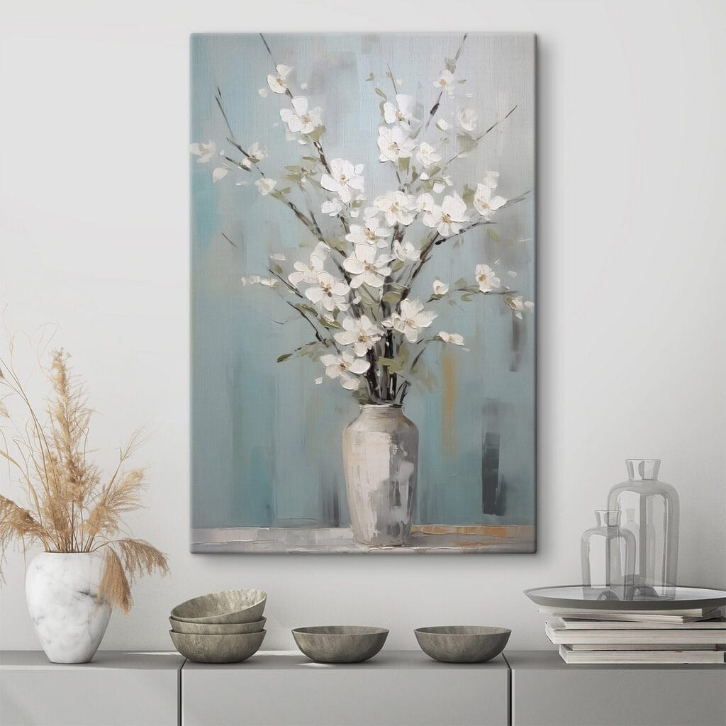 Painting of a vase with white flowers Painting of a vase with white flowers