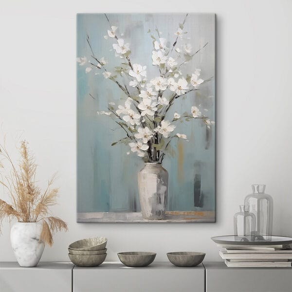 Painting of a vase with white flowers Painting of a vase with white flowers