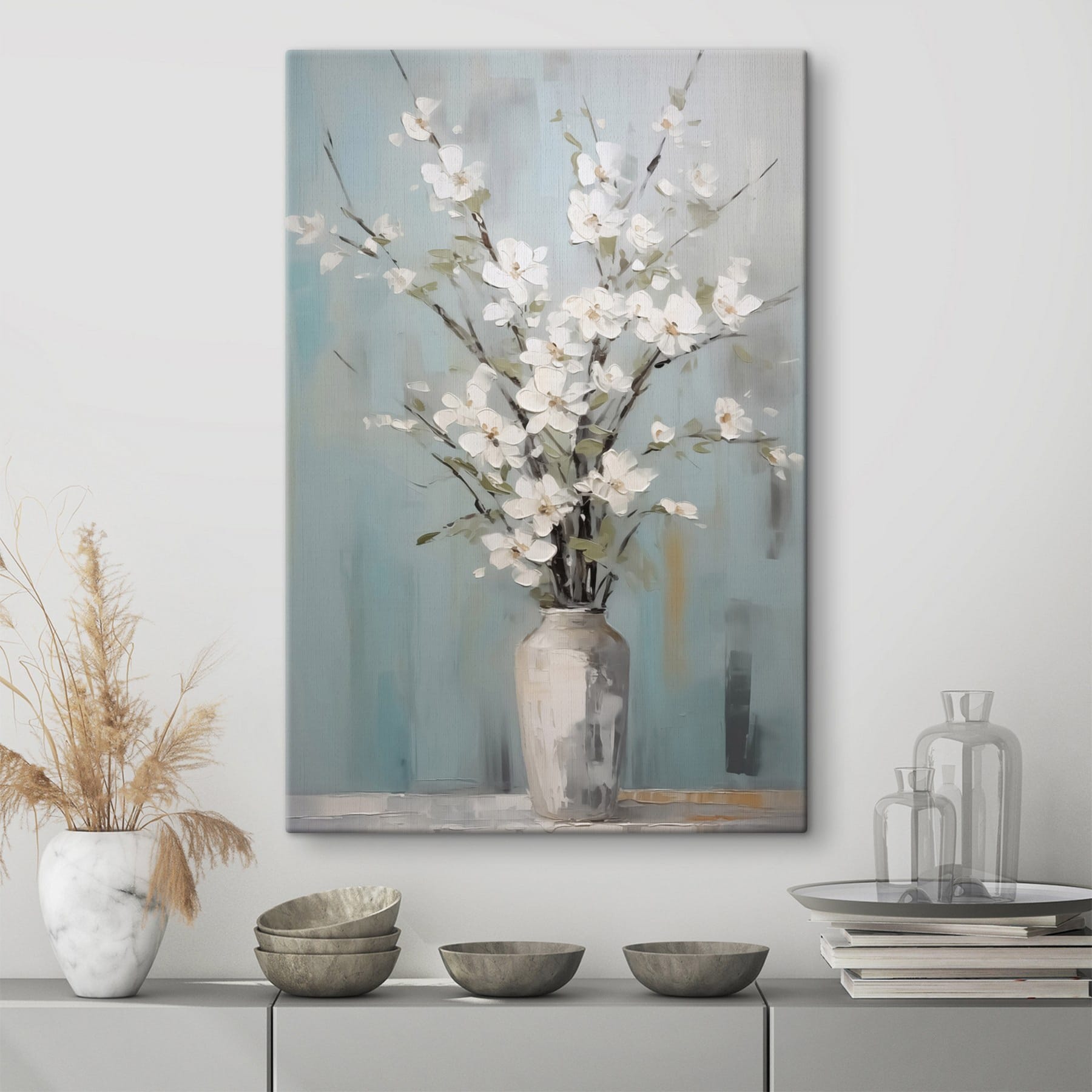Painting of a vase with white flowers