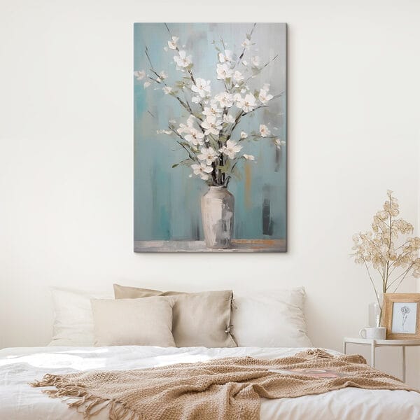 Painting of a vase with white flowers Painting of a vase with white flowers