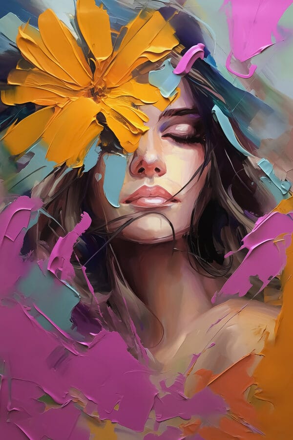 Painting of a woman with flowers on her face Painting of a woman with flowers on her face