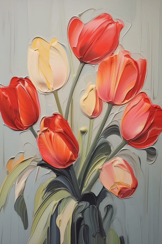Painting of tulips on a grey background Painting of tulips on a grey background
